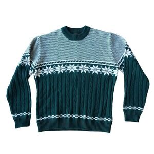 JCPenney Sweater Mens‎ Large Green Vintage Nordic Snowflake Cable Knit Crew Neck